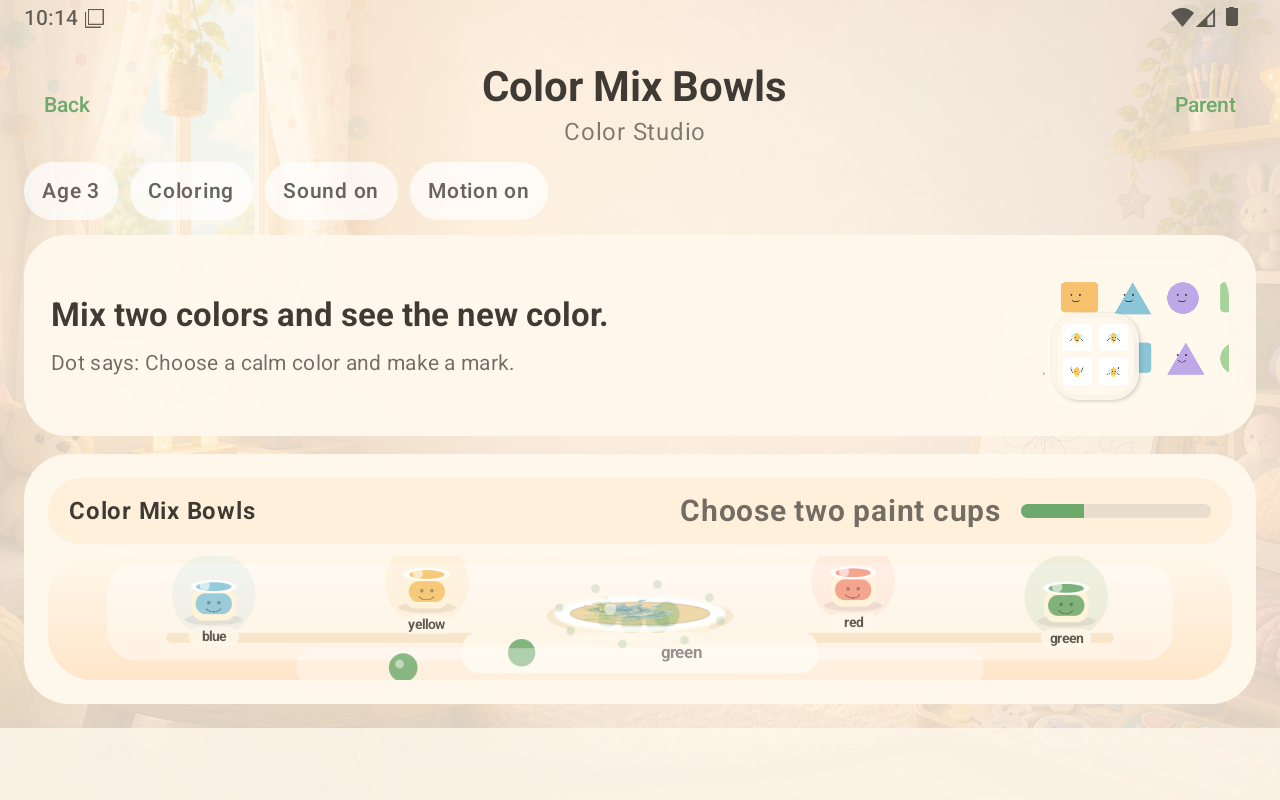 Color Studio color mixing activity with bowls and bright paint pots.