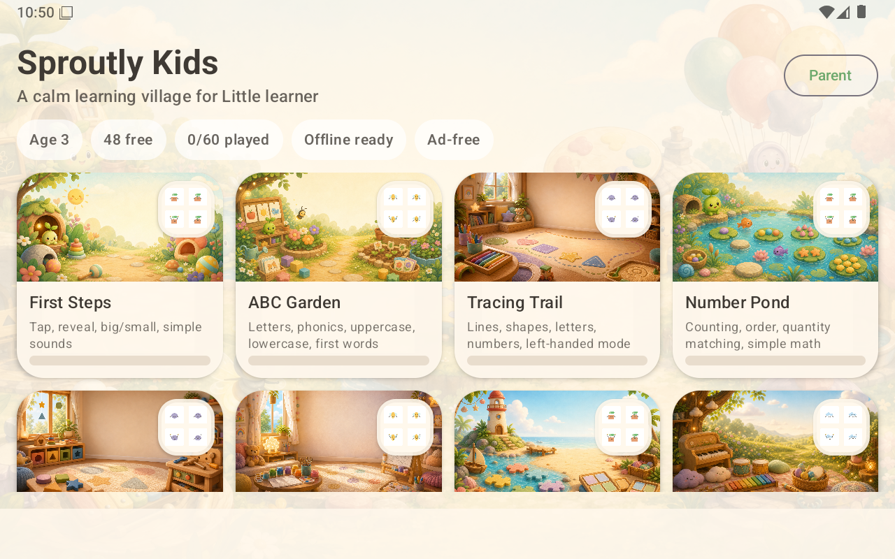 Sproutly Kids learning village home screen with activity worlds.